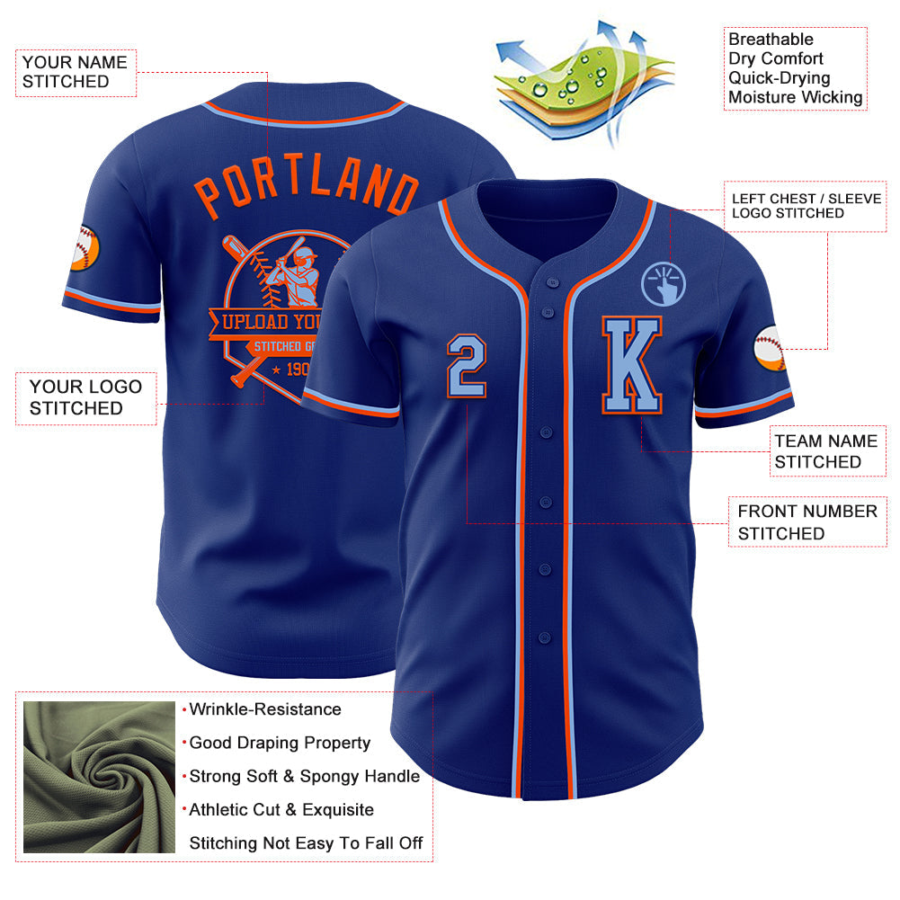 Custom Royal Light Blue-Orange Authentic Baseball Jersey view 6