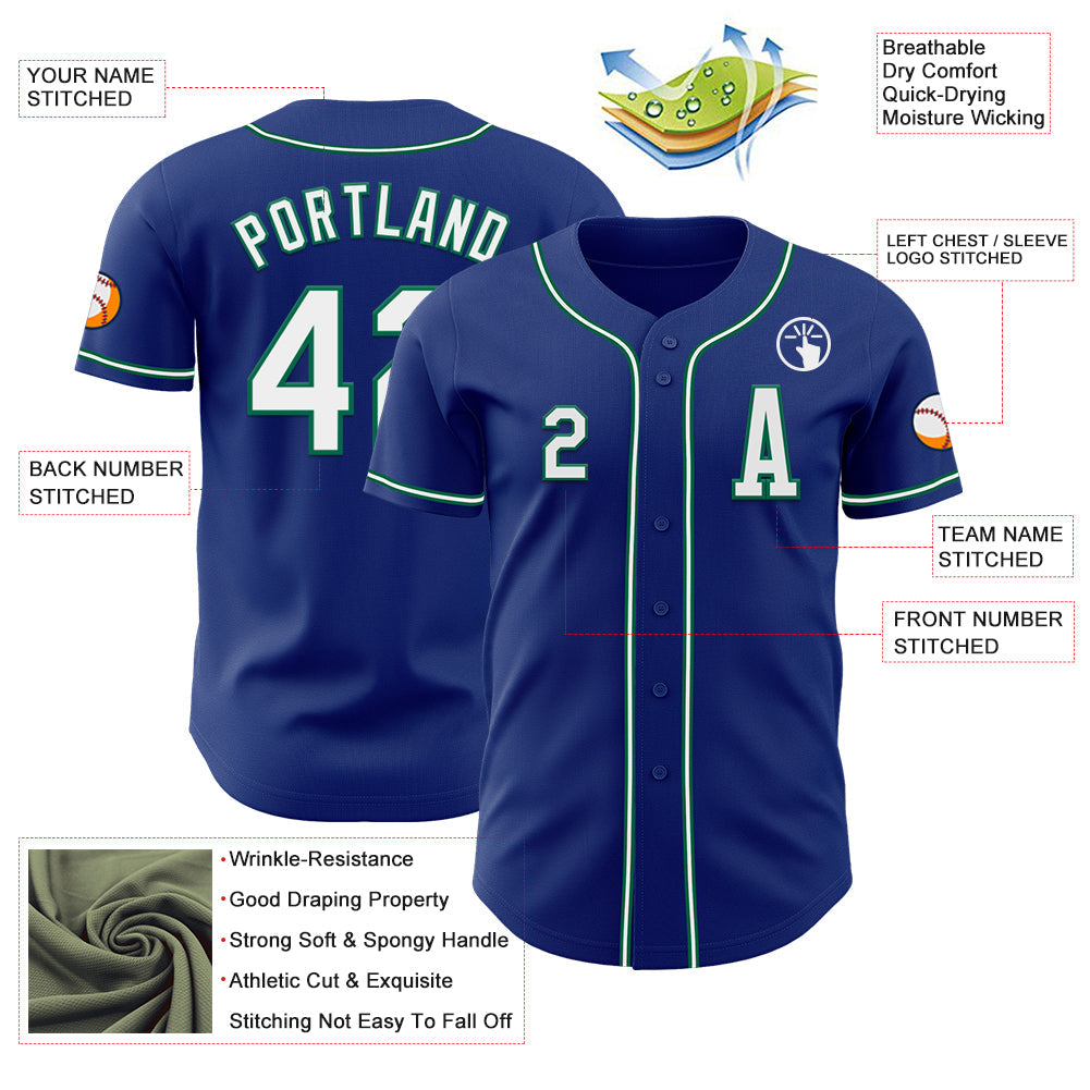Custom Royal White-Kelly Green Authentic Baseball Jersey view 2