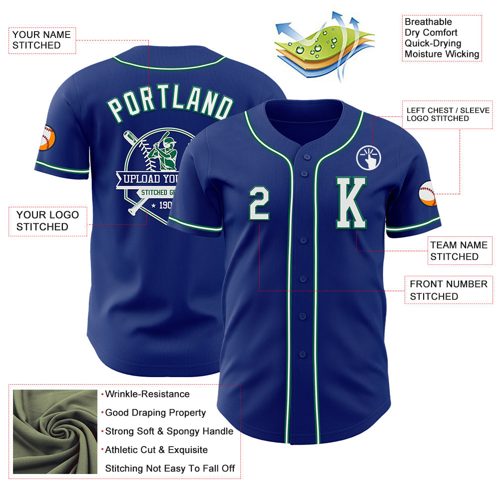 Custom Royal White-Kelly Green Authentic Baseball Jersey view 6
