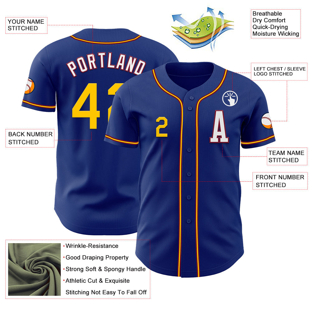 Custom Royal Yellow-Crimson Authentic Baseball Jersey view 2