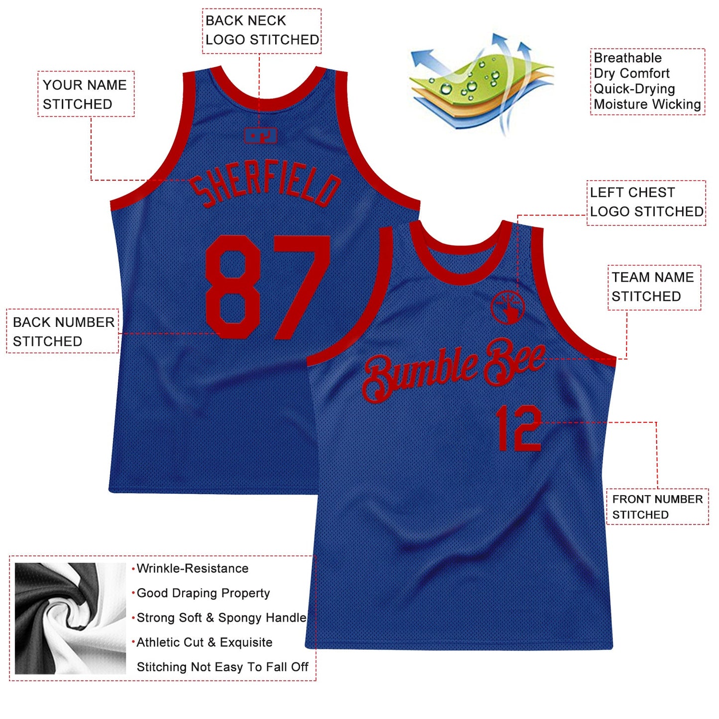 Custom Royal Red Authentic Throwback Basketball Jersey view 2