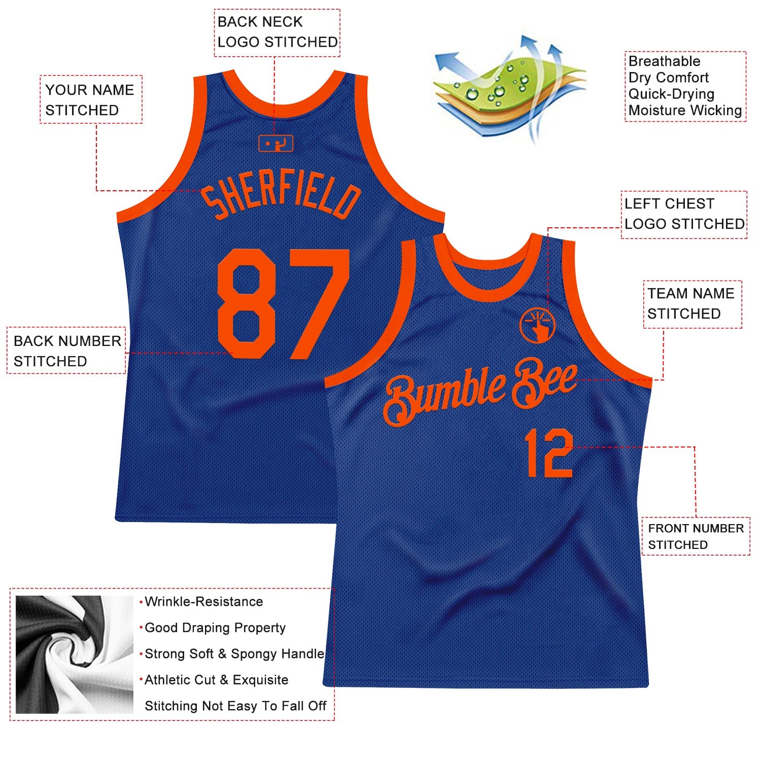 Custom Royal Orange Authentic Throwback Basketball Jersey view 2