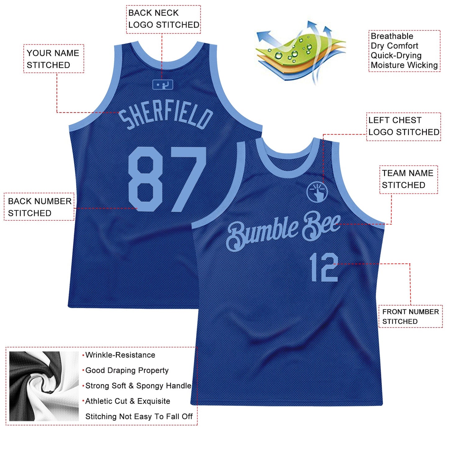 Custom Royal Light Blue Authentic Throwback Basketball Jersey view 2