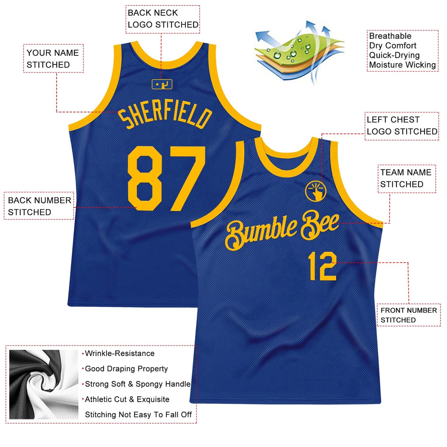 Custom Royal Gold Authentic Throwback Basketball Jersey view 2