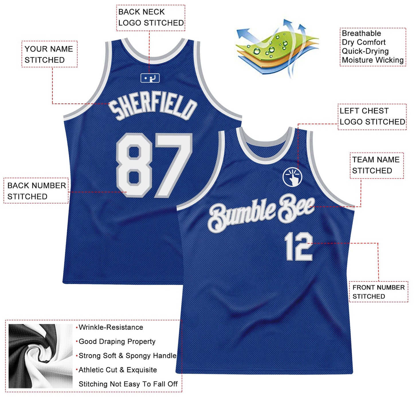 Custom Royal White-Gray Authentic Throwback Basketball Jersey view 2