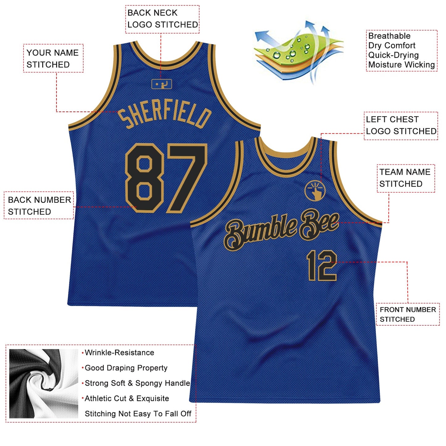Custom Royal Black-Old Gold Authentic Throwback Basketball Jersey view 2