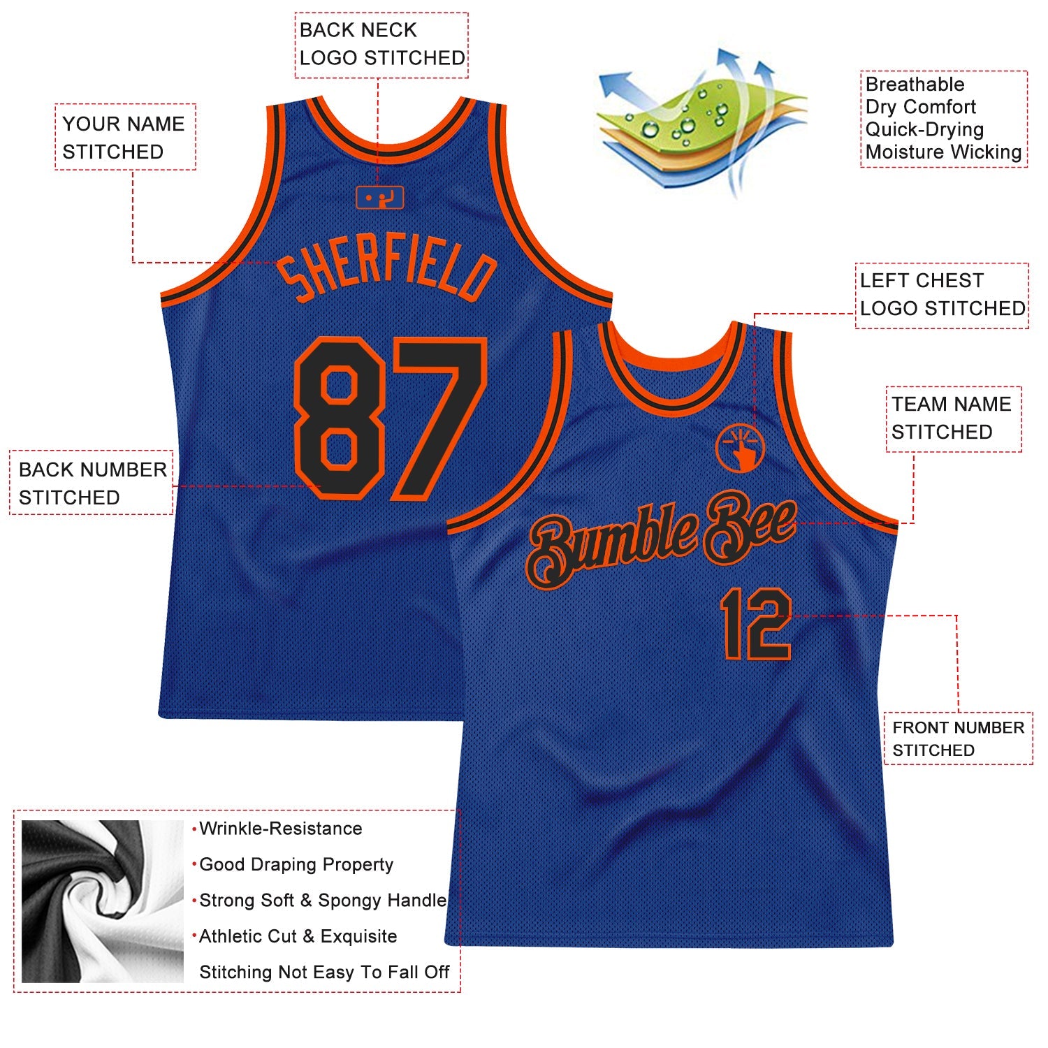 Custom Royal Black-Orange Authentic Throwback Basketball Jersey view 2