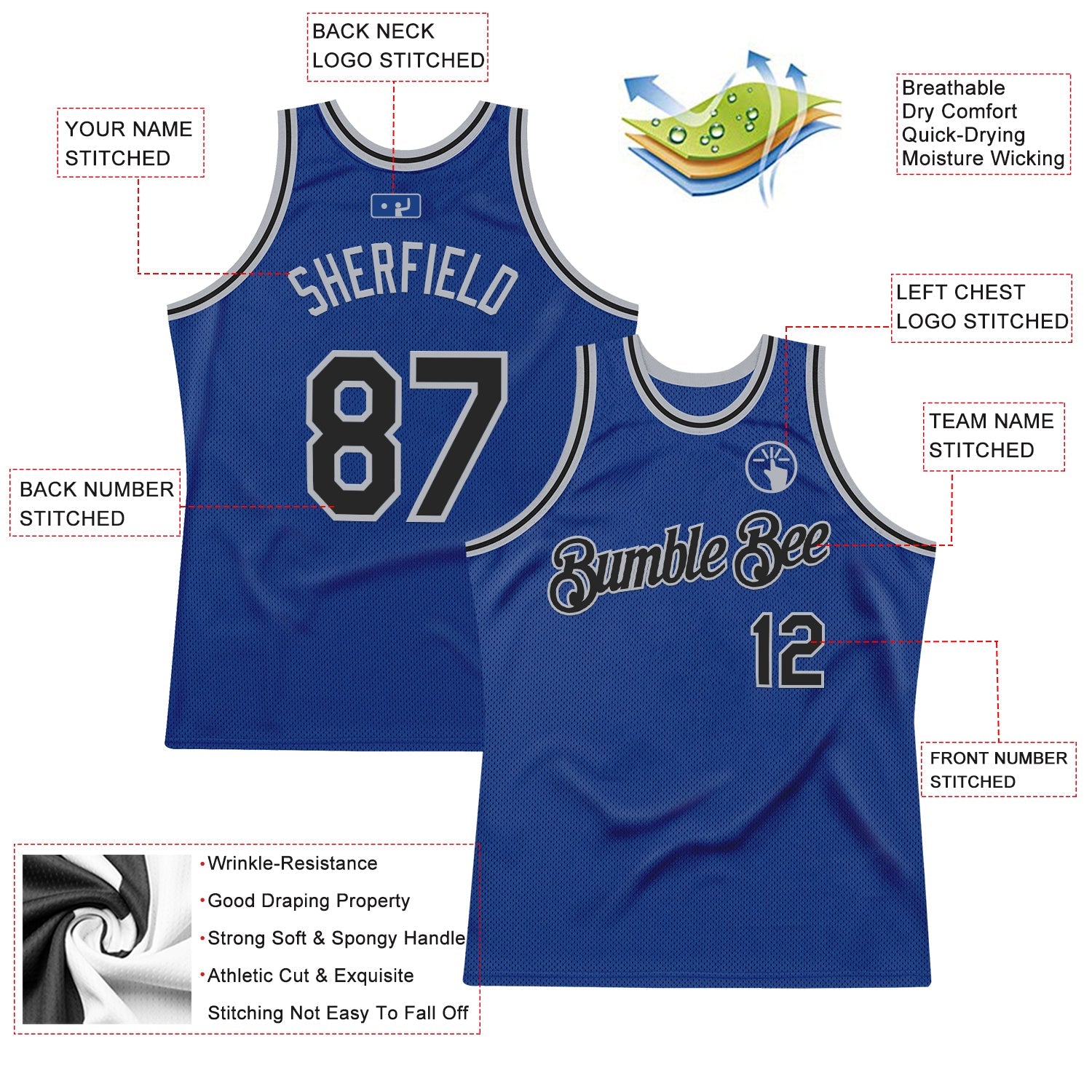 Custom Royal Black-Gray Authentic Throwback Basketball Jersey view 2