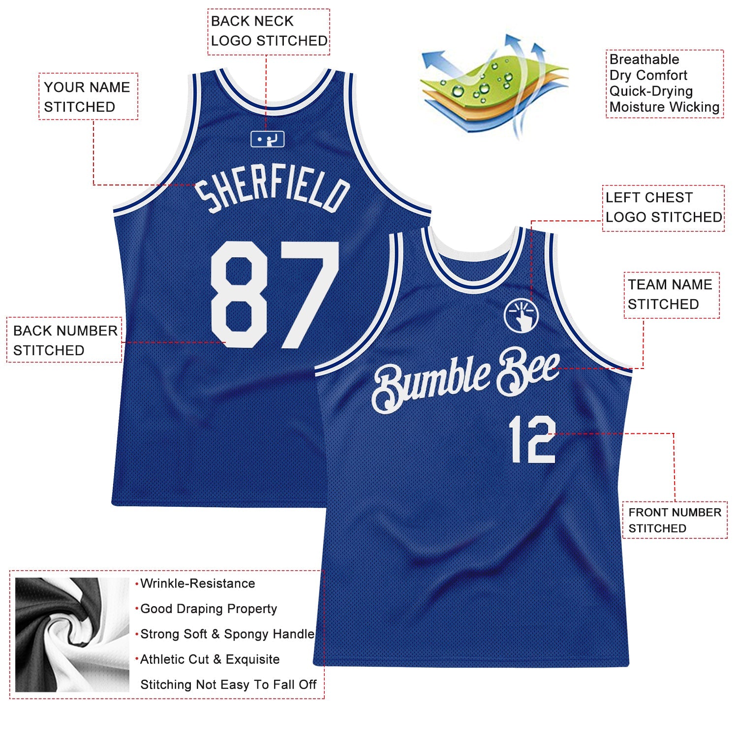 Custom Royal White Authentic Throwback Basketball Jersey view 2