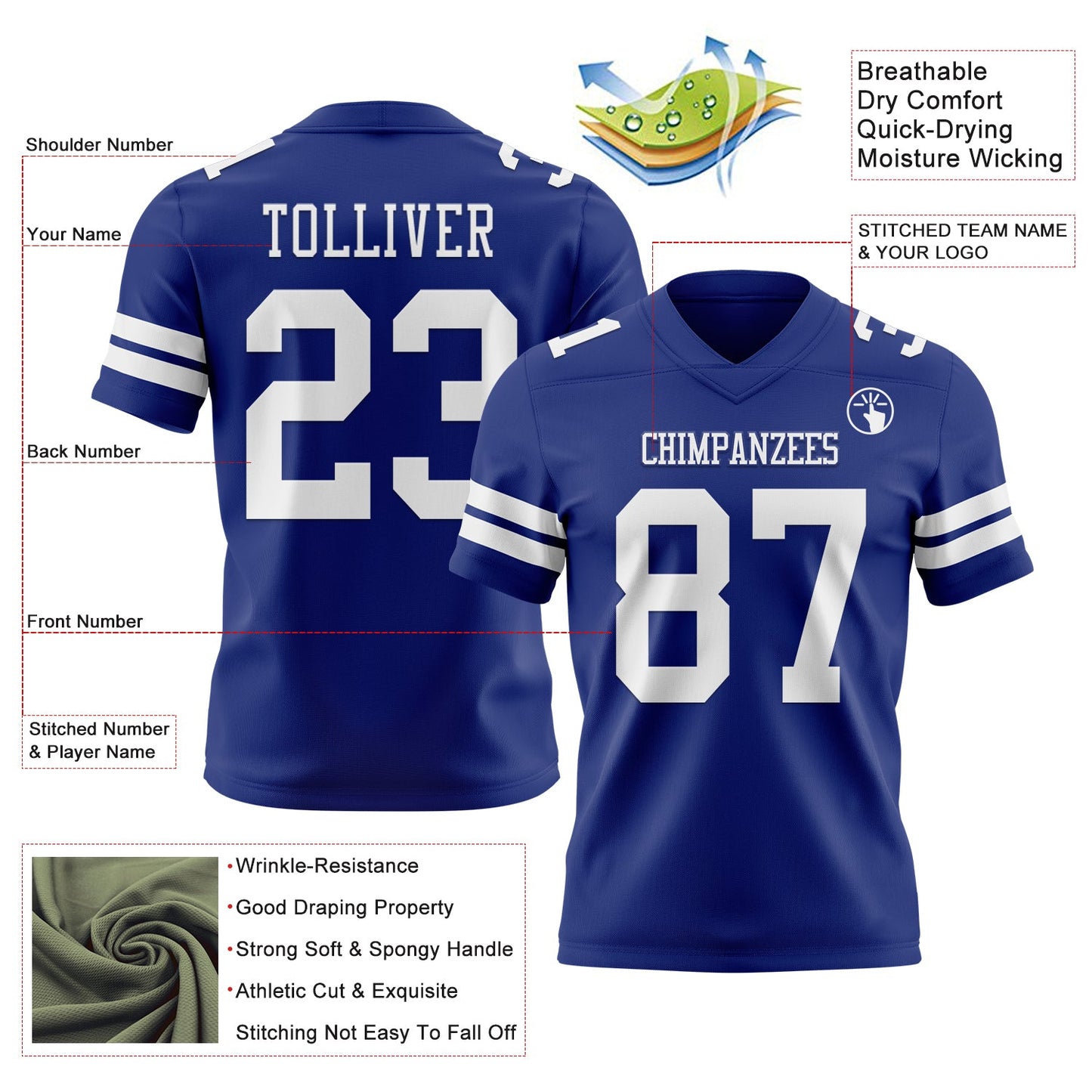 Custom Royal White Authentic Football Jersey view 3