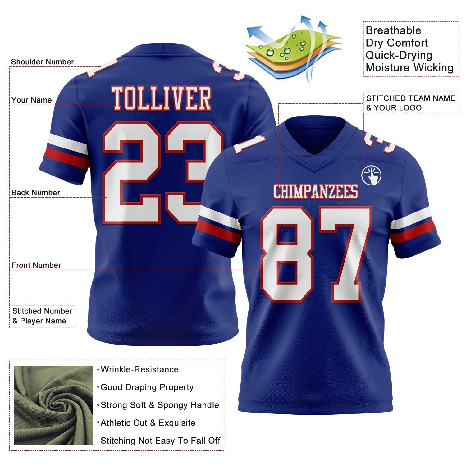 Custom Royal White-Red Authentic Football Jersey view 3