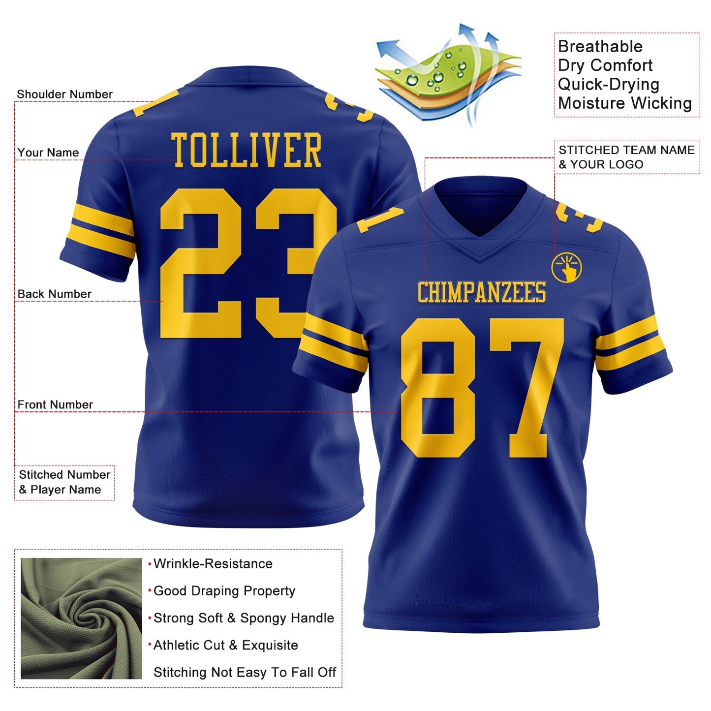 Custom Royal Yellow Authentic Football Jersey view 3