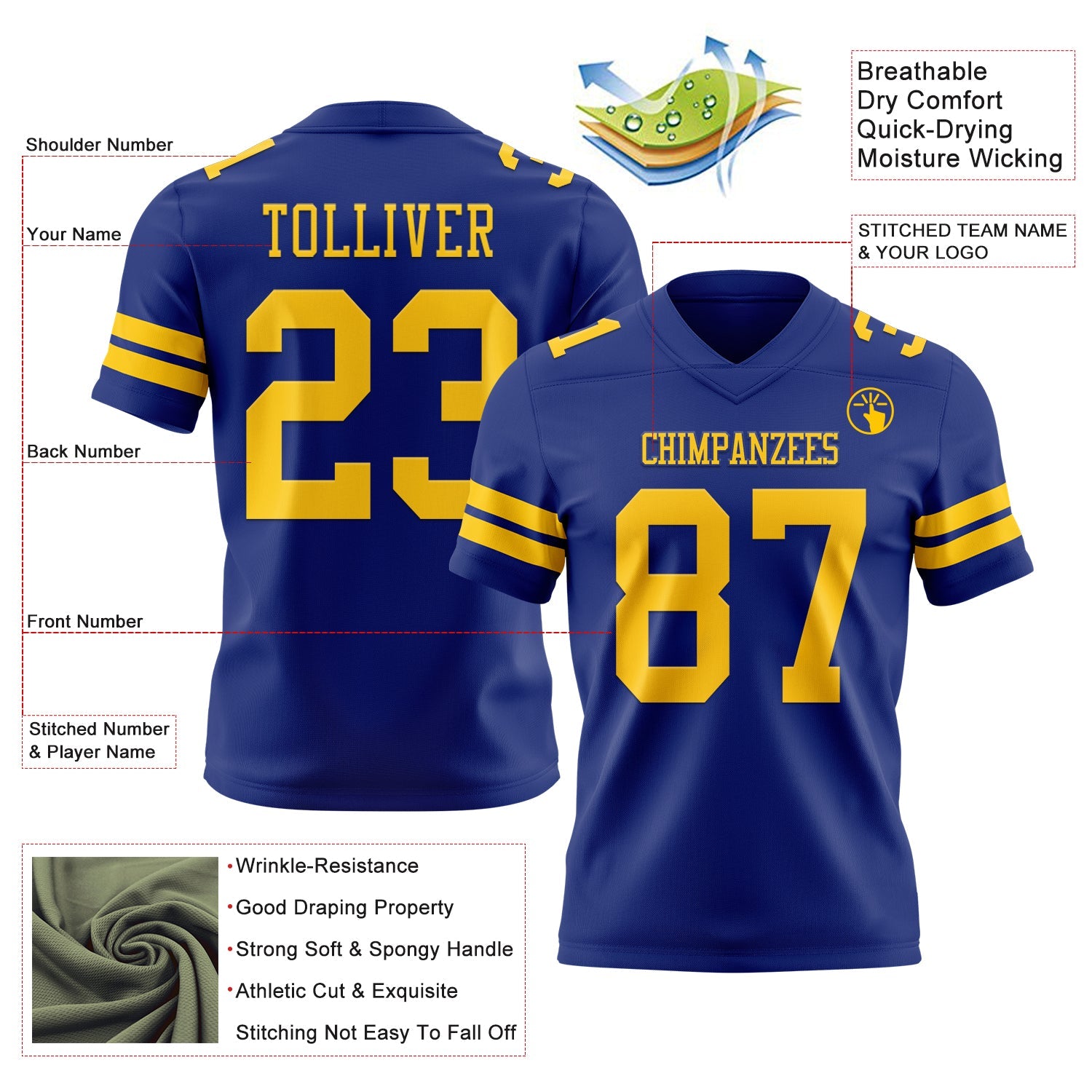 Custom Royal Yellow Authentic Football Jersey view 3