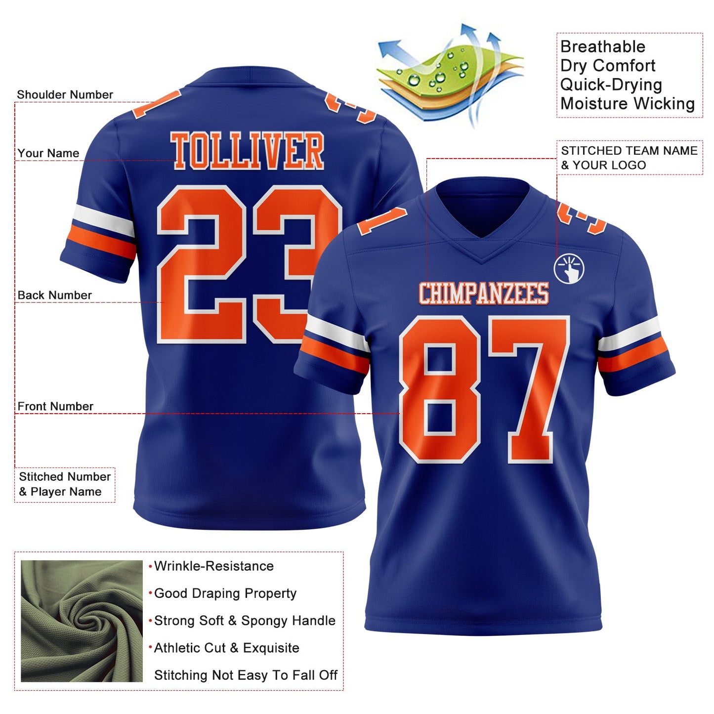 Custom Royal Orange-White Authentic Football Jersey view 3