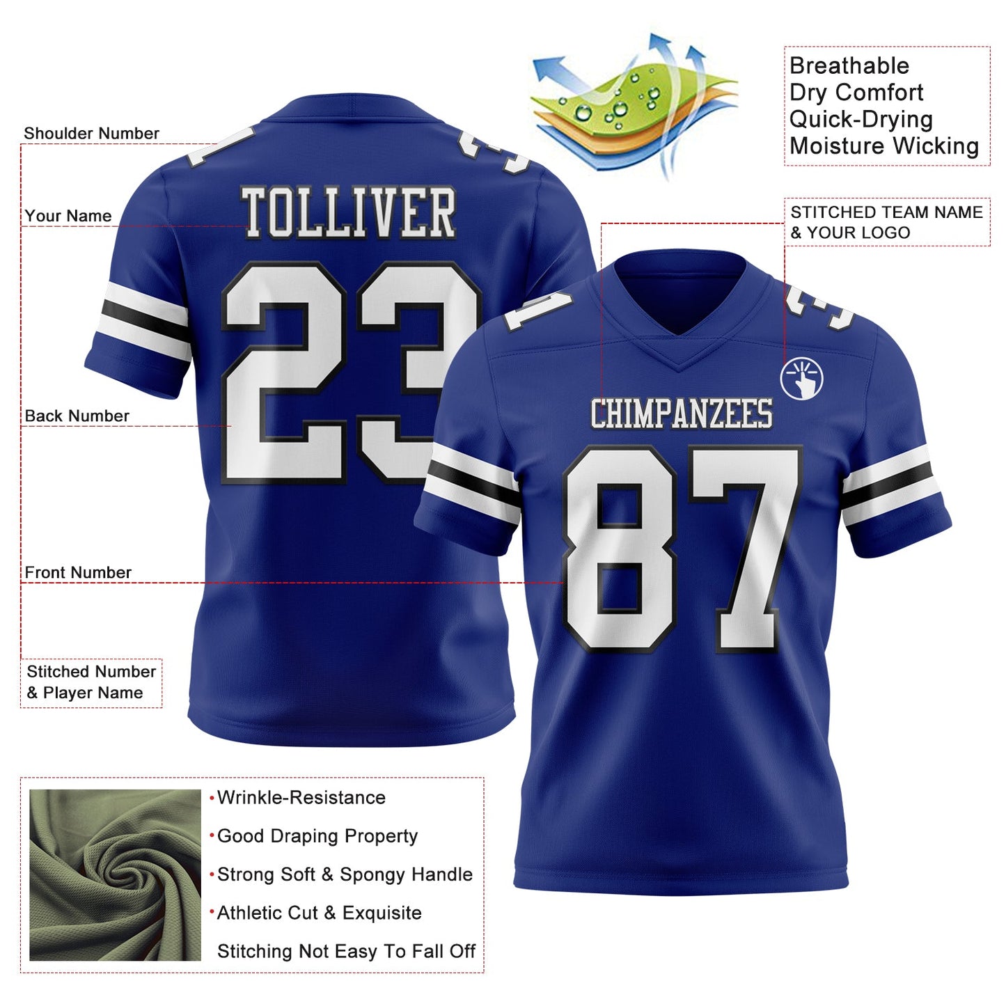Custom Royal White-Black Authentic Football Jersey view 3