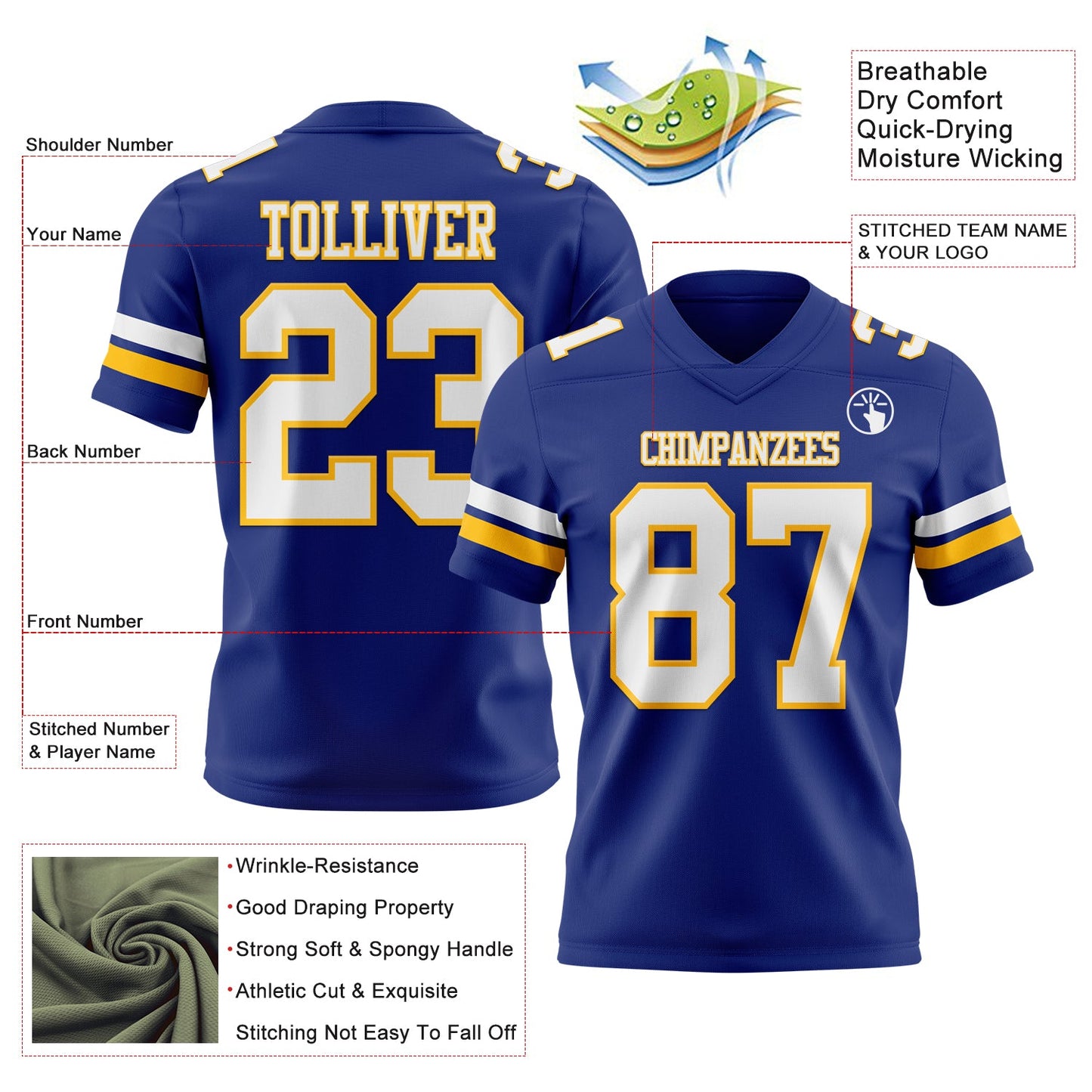 Custom Royal White-Gold Authentic Football Jersey view 3