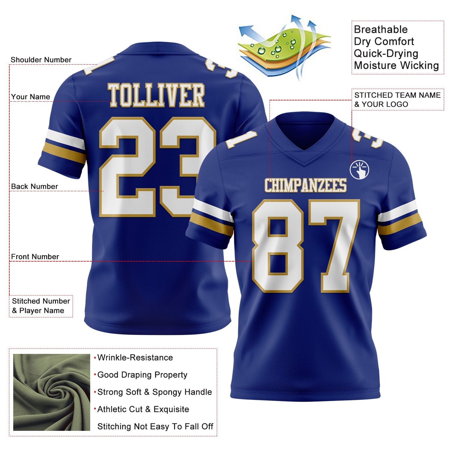 Custom Royal White-Old Gold Authentic Football Jersey view 3