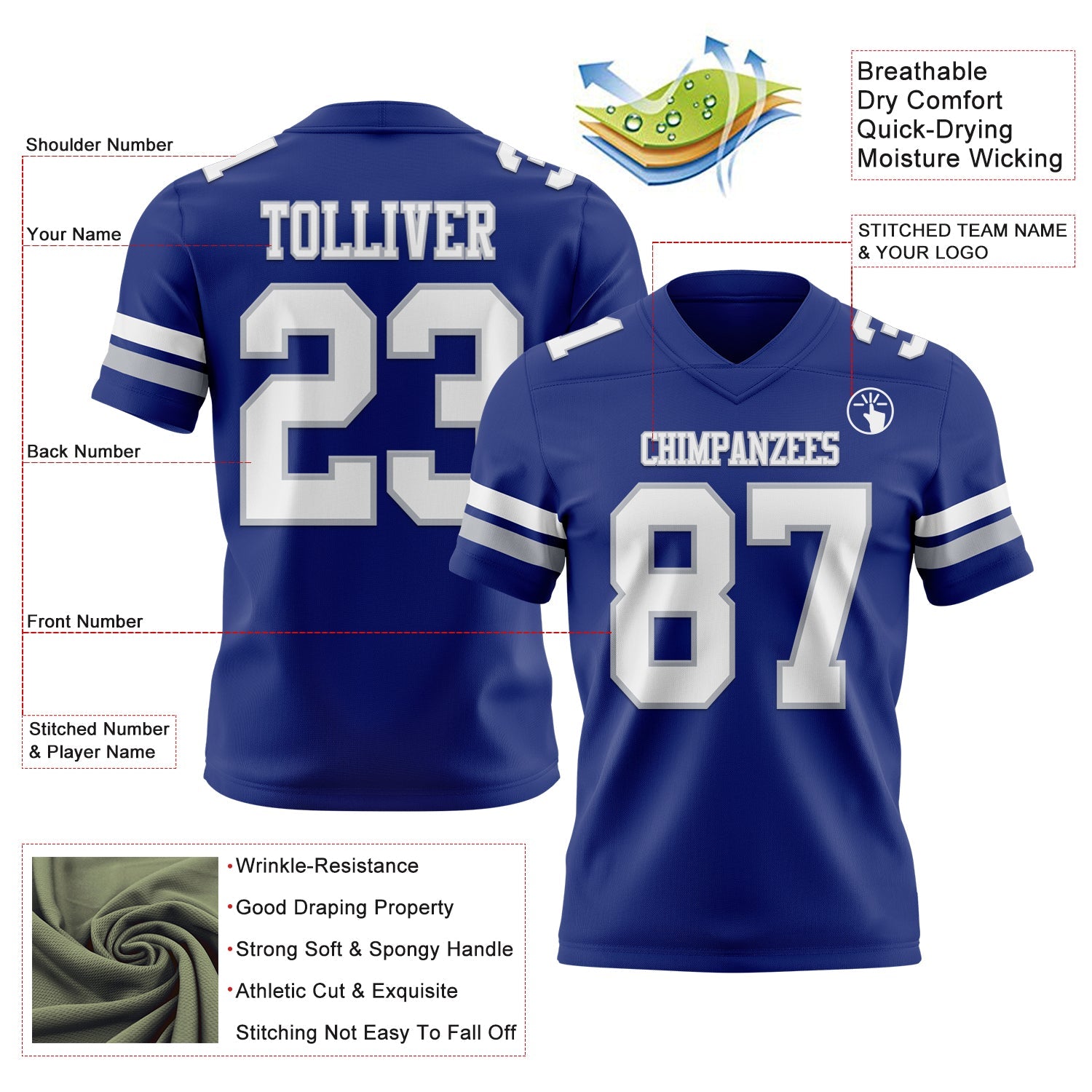 Custom Royal White-Gray Authentic Football Jersey view 3