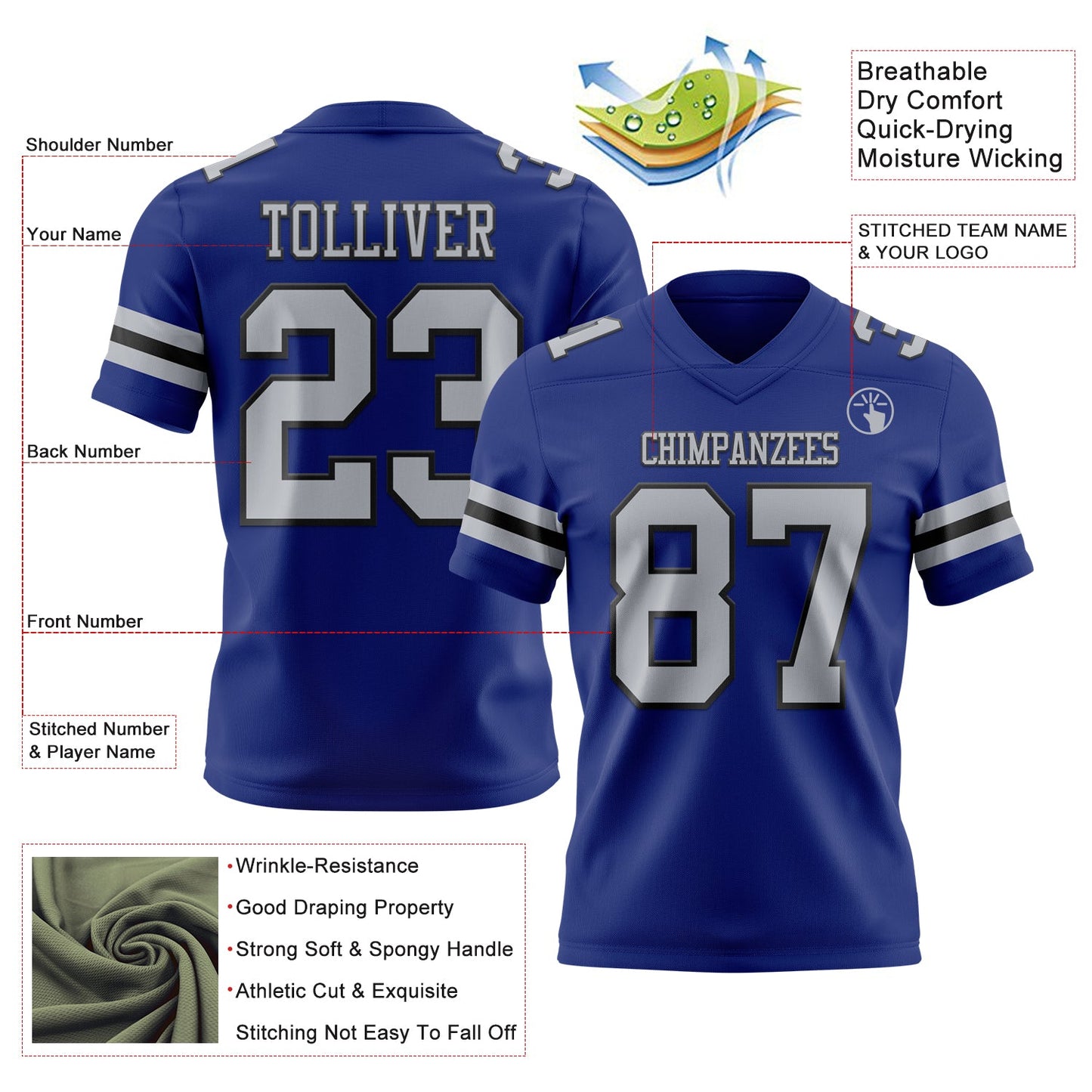 Custom Royal Gray-Black Authentic Football Jersey view 3