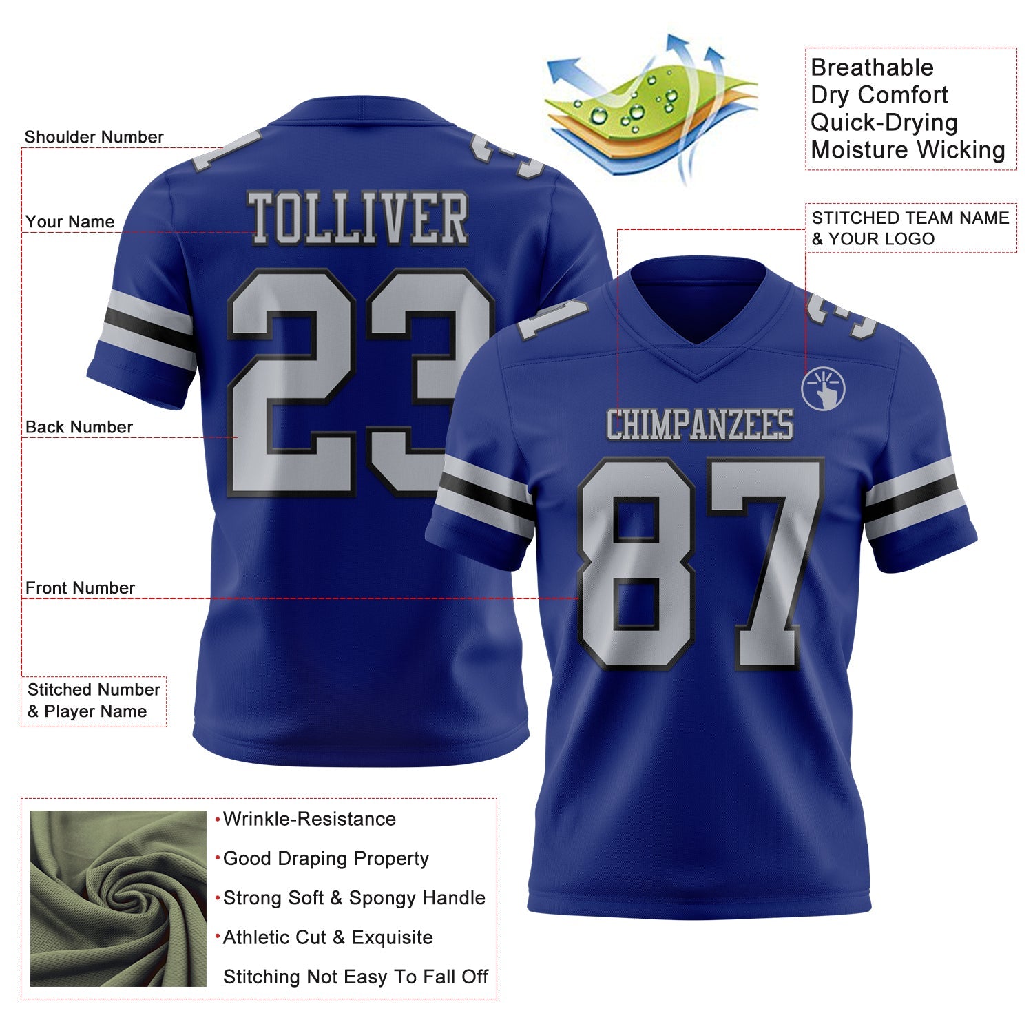 Custom Royal Gray-Black Authentic Football Jersey view 3