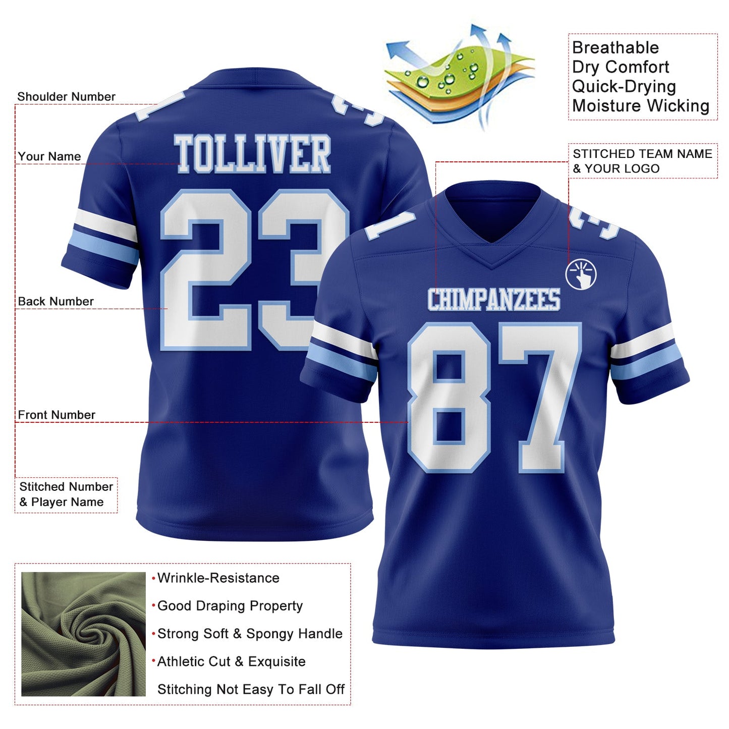 Custom Royal White-Light Blue Authentic Football Jersey view 3