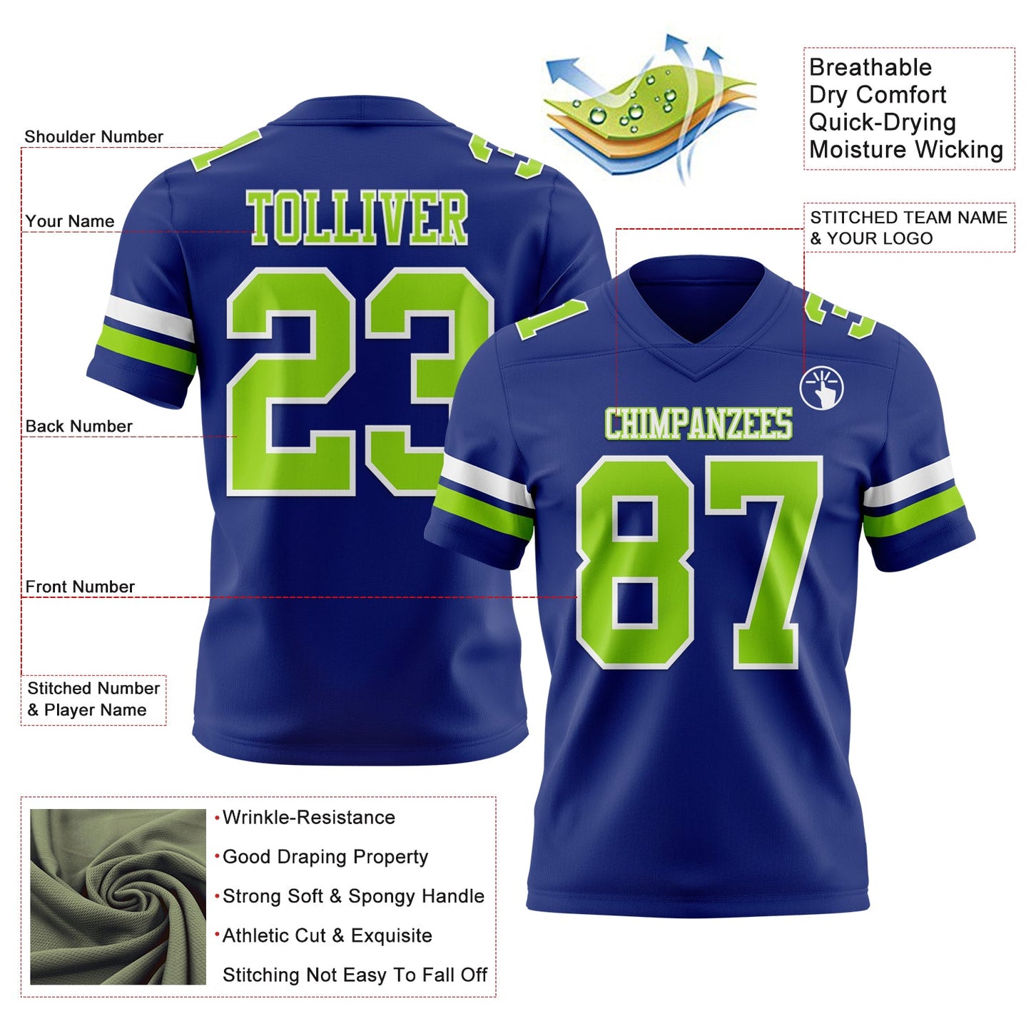 Custom Royal Neon Green-White Authentic Football Jersey view 3