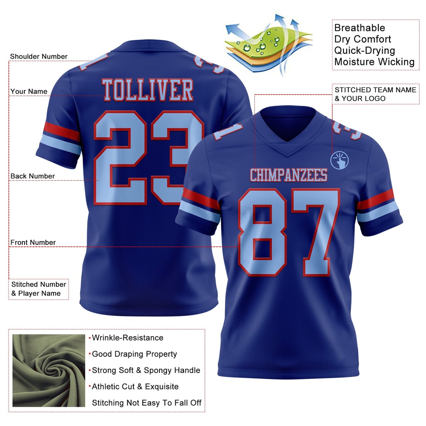 Custom Royal Light Blue-Red Authentic Football Jersey view 3