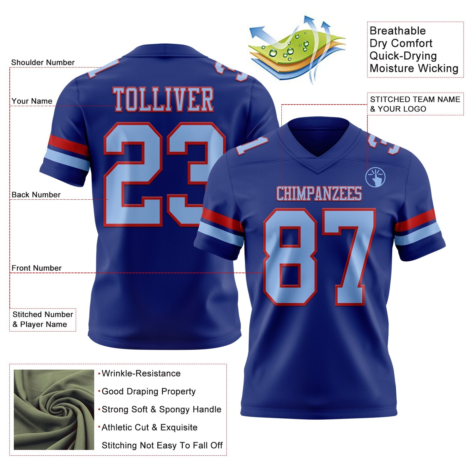 Custom Royal Light Blue-Red Authentic Football Jersey view 3
