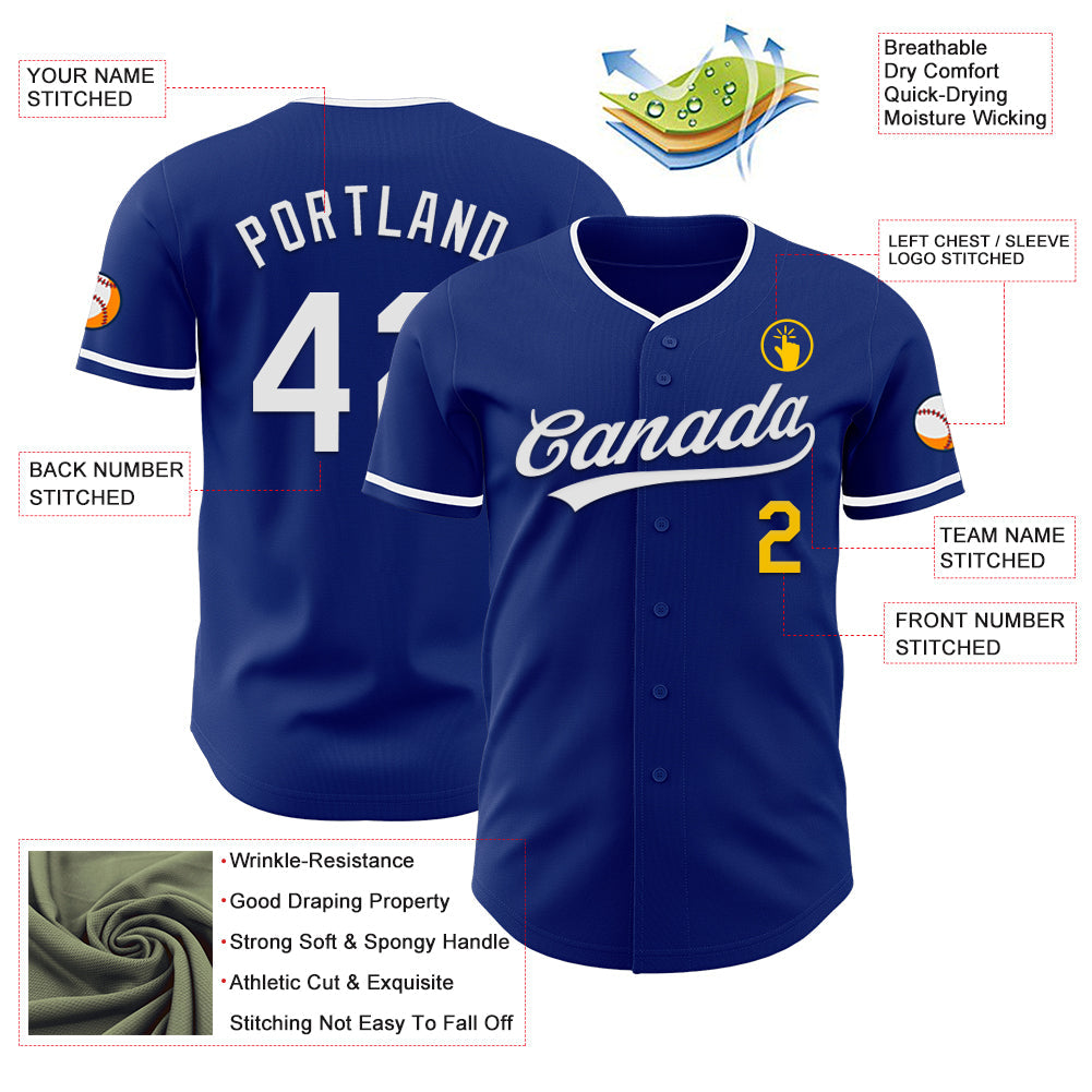 Custom Royal White-Yellow Authentic Baseball Jersey view 3
