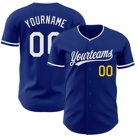 Custom Royal White-Yellow Authentic Baseball Jersey - Main View