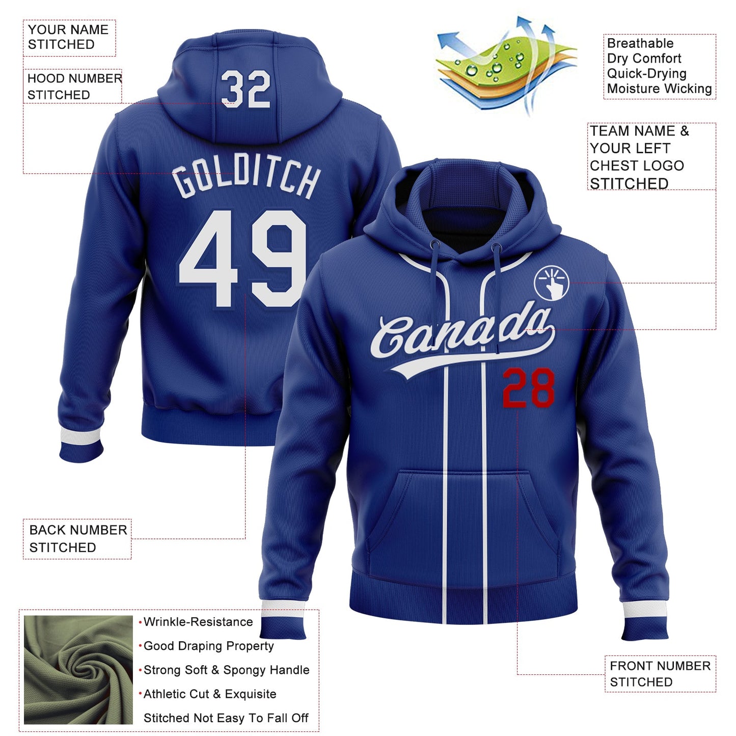Custom Stitched Royal White-Red Baseball Pullover Sweatshirt Hoodie view 2