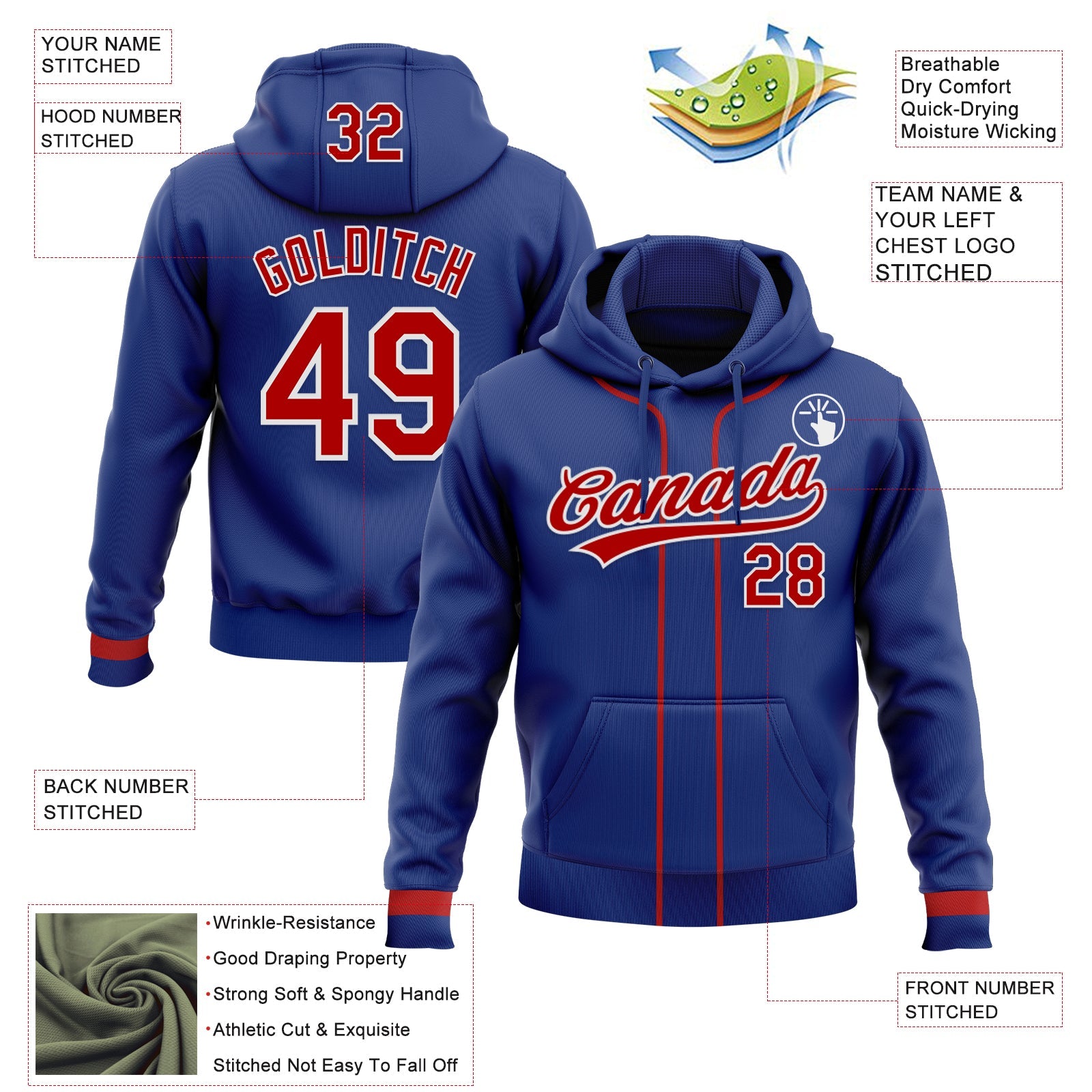 Custom Stitched Royal Red-White Baseball Pullover Sweatshirt Hoodie view 2