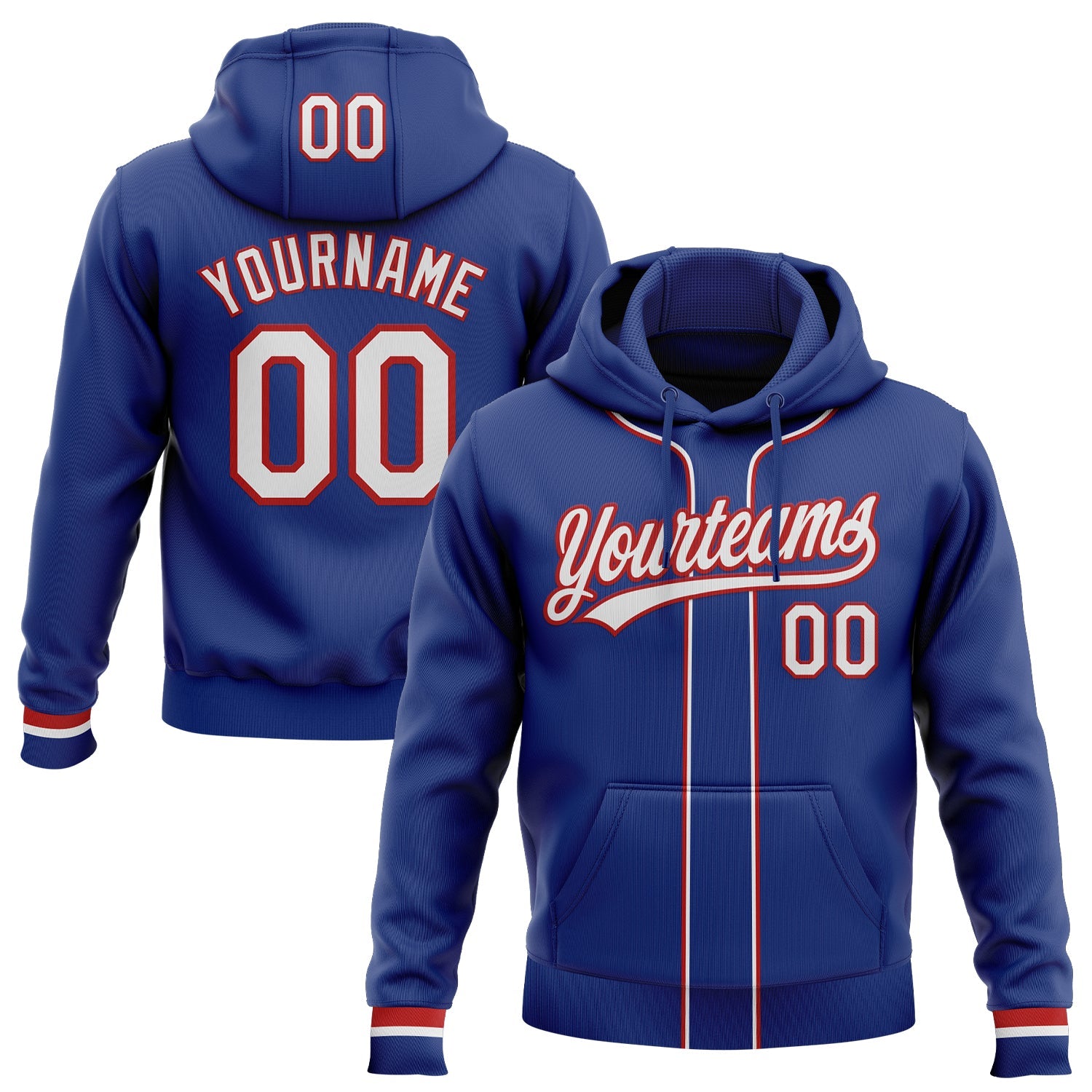 Custom Stitched Royal White-Red Baseball Pullover Sweatshirt Hoodie - Main View