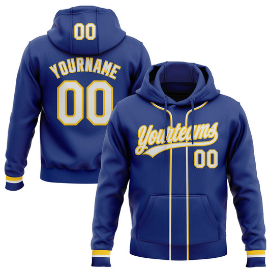 Custom Stitched Royal White-Yellow Baseball Pullover Sweatshirt Hoodie - Main View