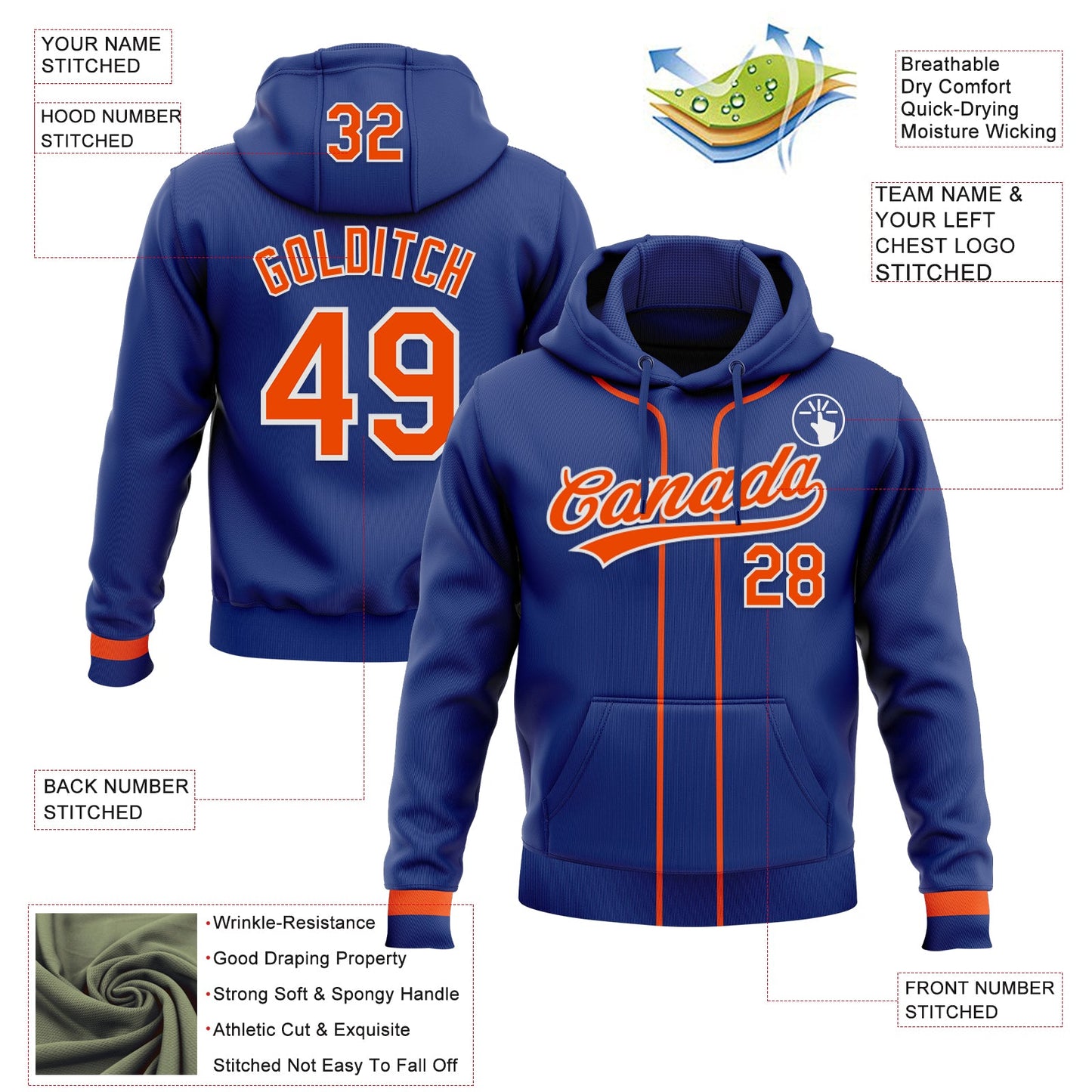 Custom Stitched Royal Orange-White Baseball Pullover Sweatshirt Hoodie view 2