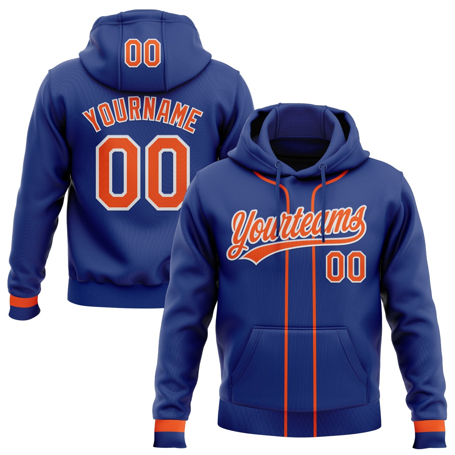 Custom Stitched Royal Orange-White Baseball Pullover Sweatshirt Hoodie - Main View
