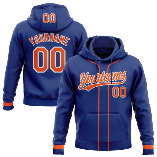 Custom Stitched Royal Orange-White Baseball Pullover Sweatshirt Hoodie - Main View
