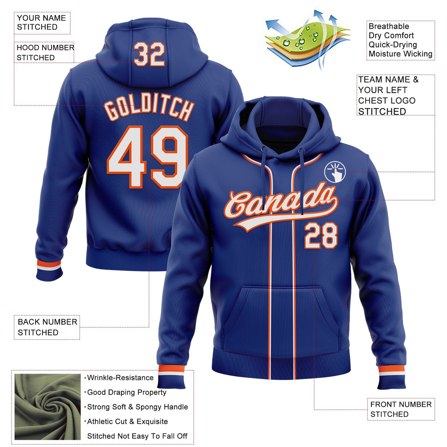 Custom Stitched Royal White-Orange Baseball Pullover Sweatshirt Hoodie view 2