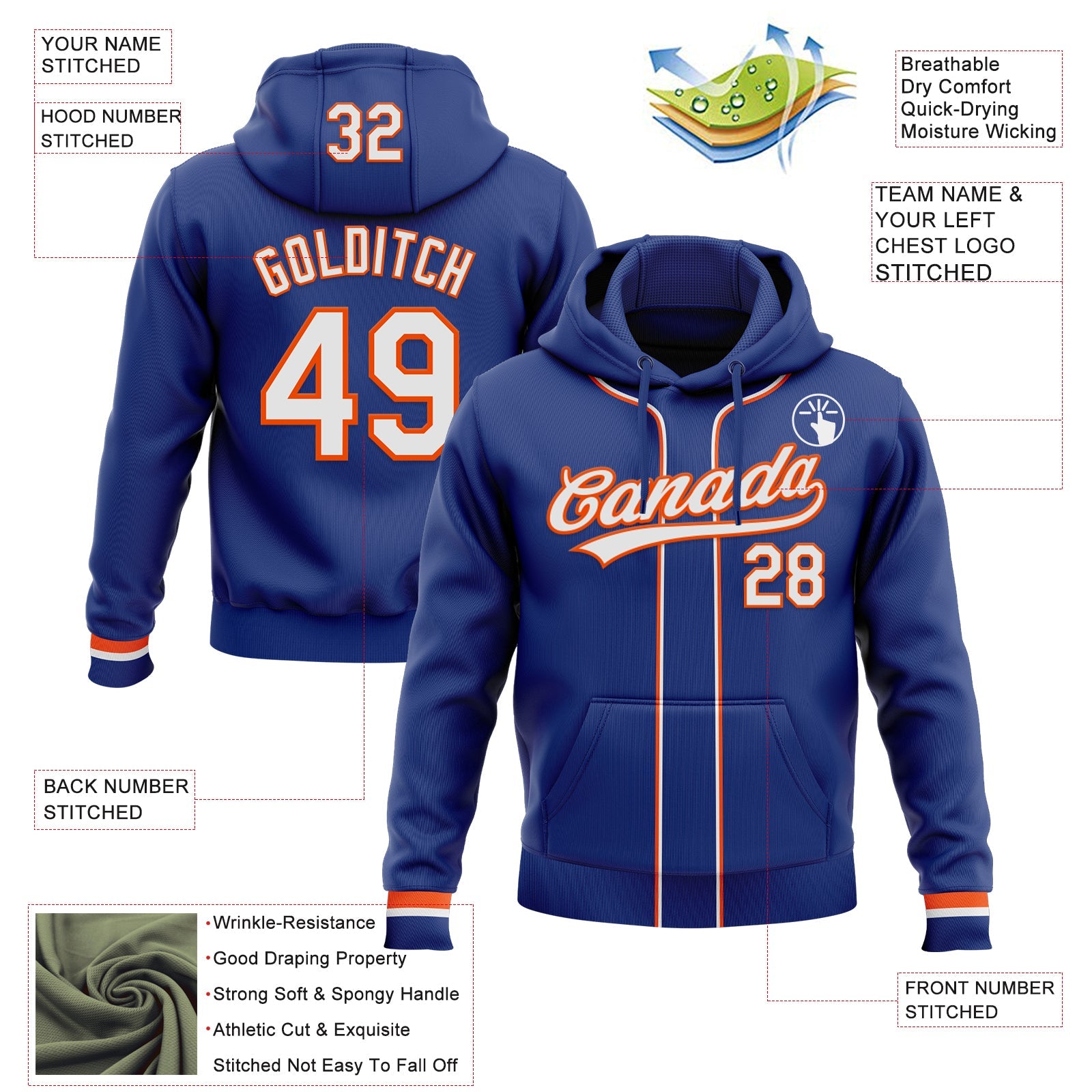 Custom Stitched Royal White-Orange Baseball Pullover Sweatshirt Hoodie view 2