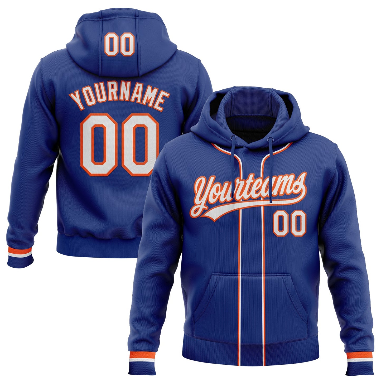 Custom Stitched Royal White-Orange Baseball Pullover Sweatshirt Hoodie - Main View