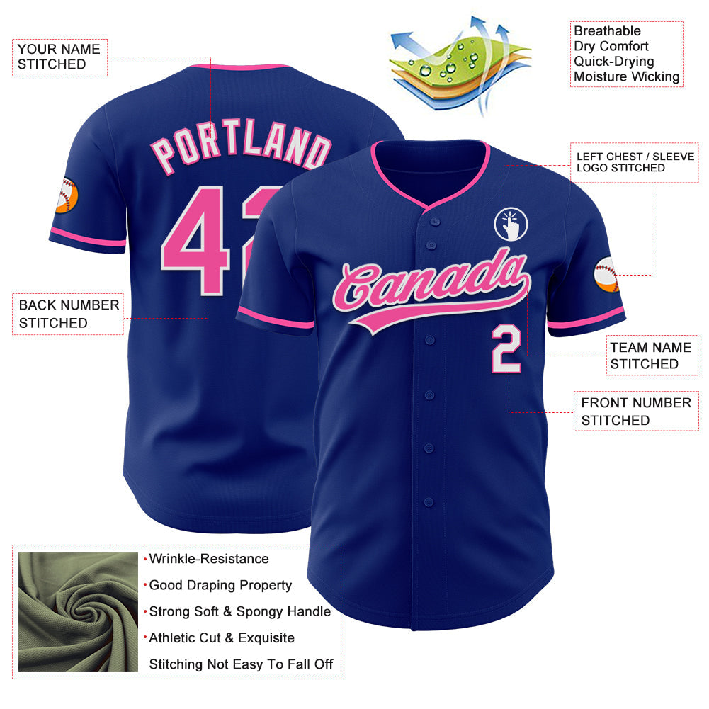 Custom Royal Pink-White Authentic Baseball Jersey view 3