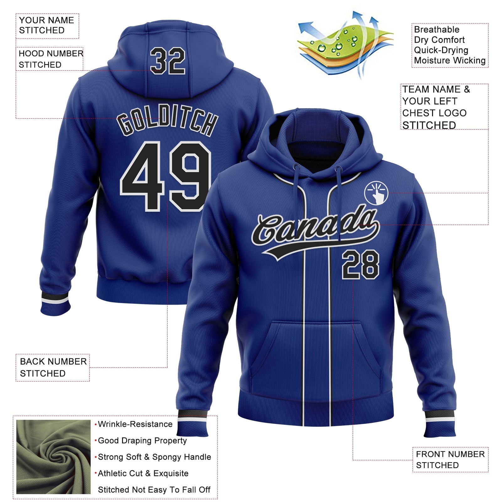 Custom Stitched Royal Black-White Baseball Pullover Sweatshirt Hoodie view 2