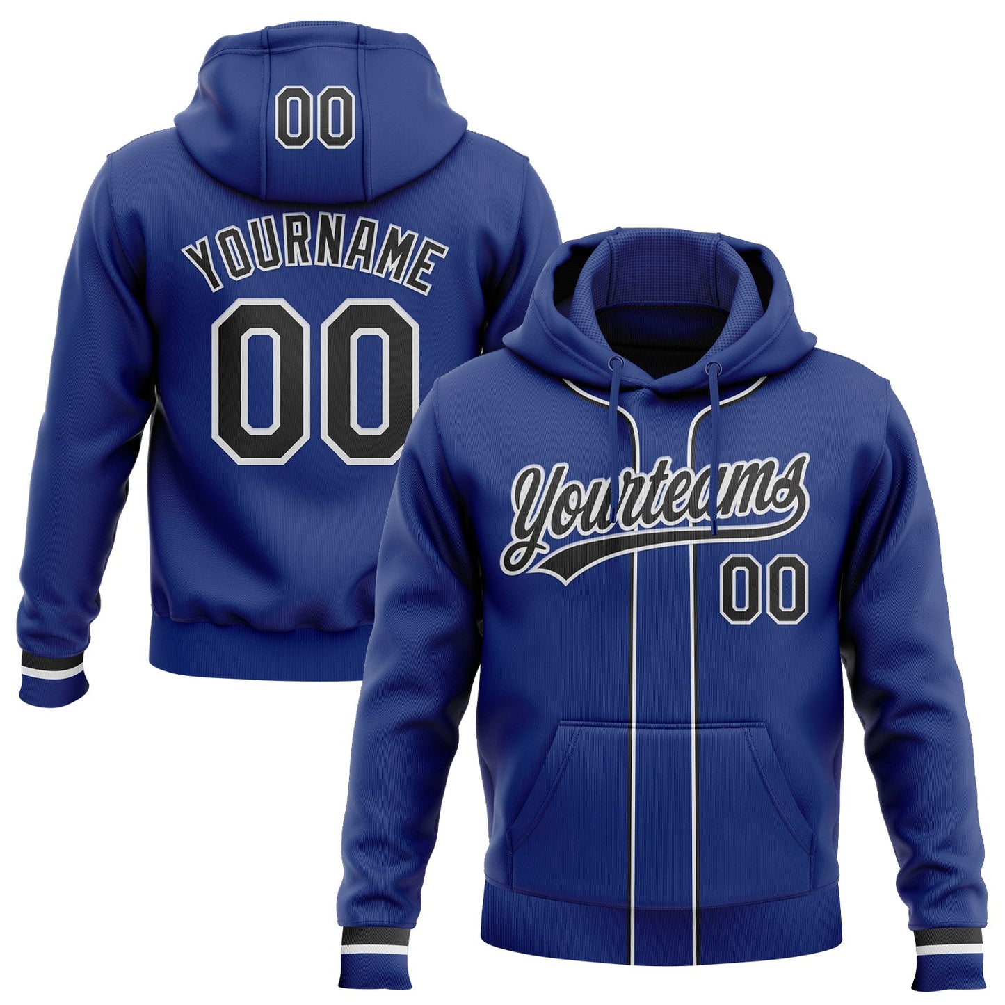 Custom Stitched Royal Black-White Baseball Pullover Sweatshirt Hoodie - Main View