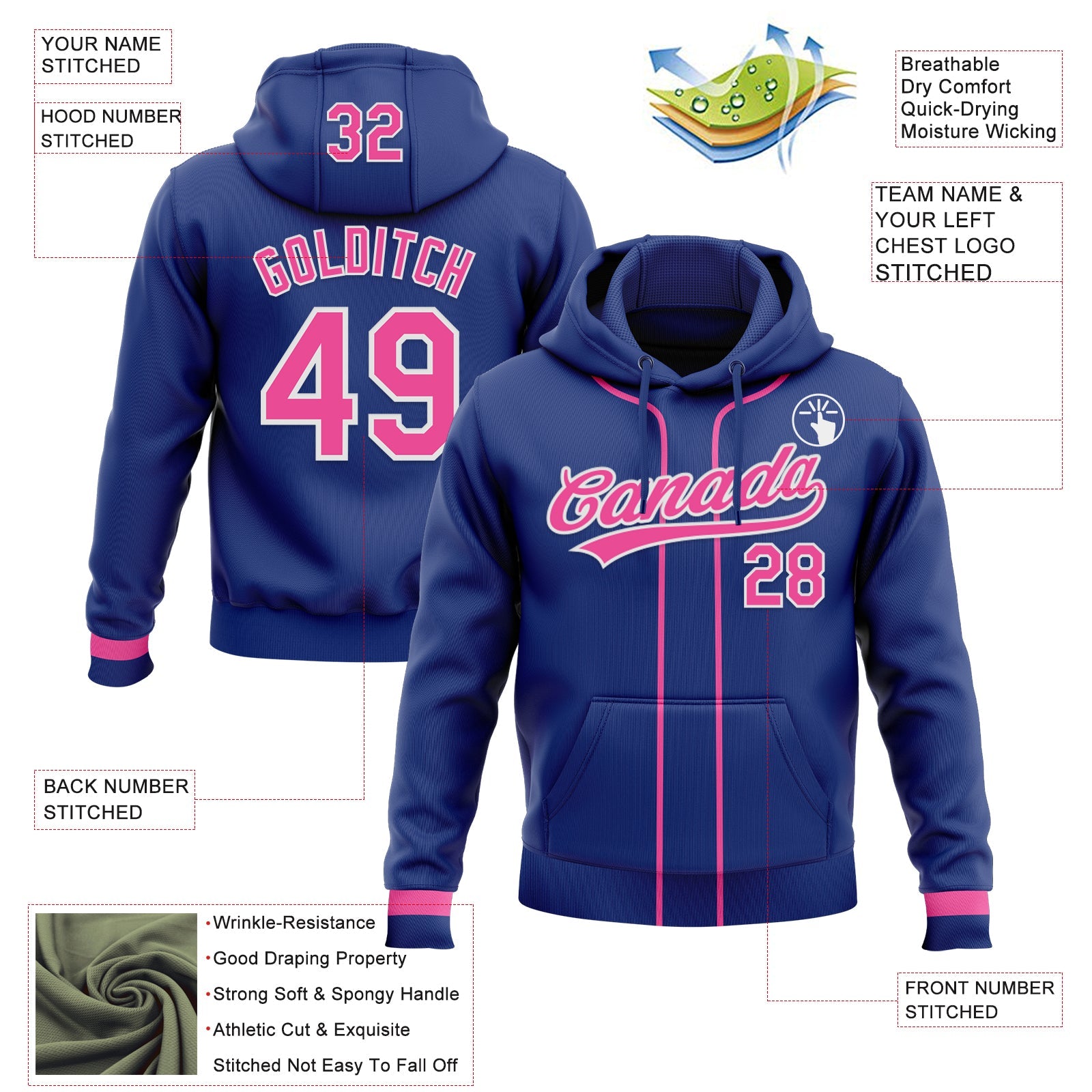 Custom Stitched Royal Pink-White Baseball Pullover Sweatshirt Hoodie view 2