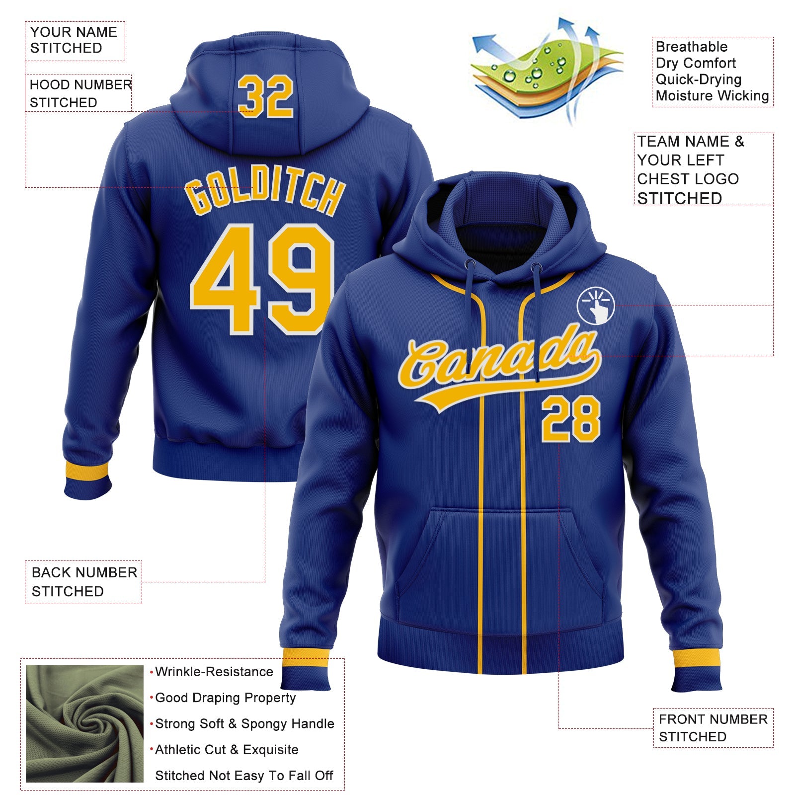 Custom Stitched Royal Gold-White Baseball Pullover Sweatshirt Hoodie view 2