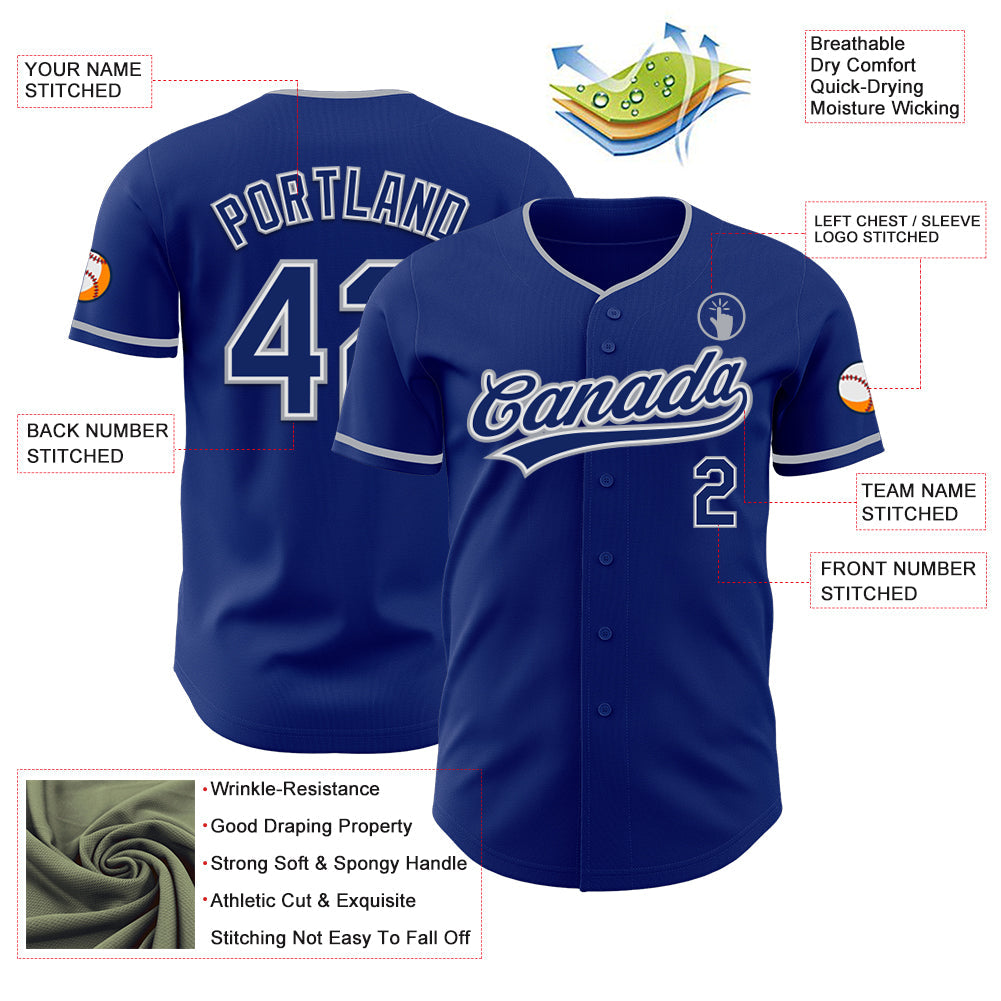 Custom Royal White-Gray Authentic Baseball Jersey view 3