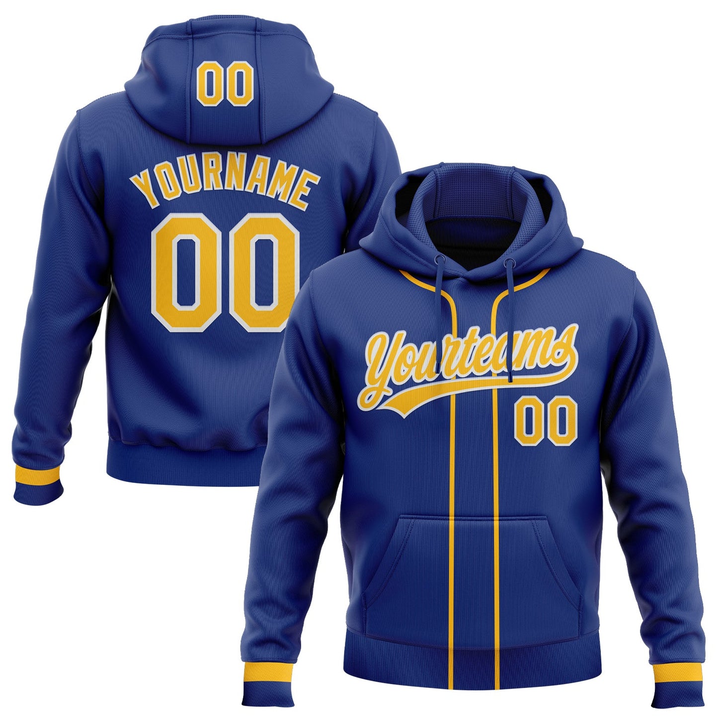 Custom Stitched Royal Gold-White Baseball Pullover Sweatshirt Hoodie - Main View