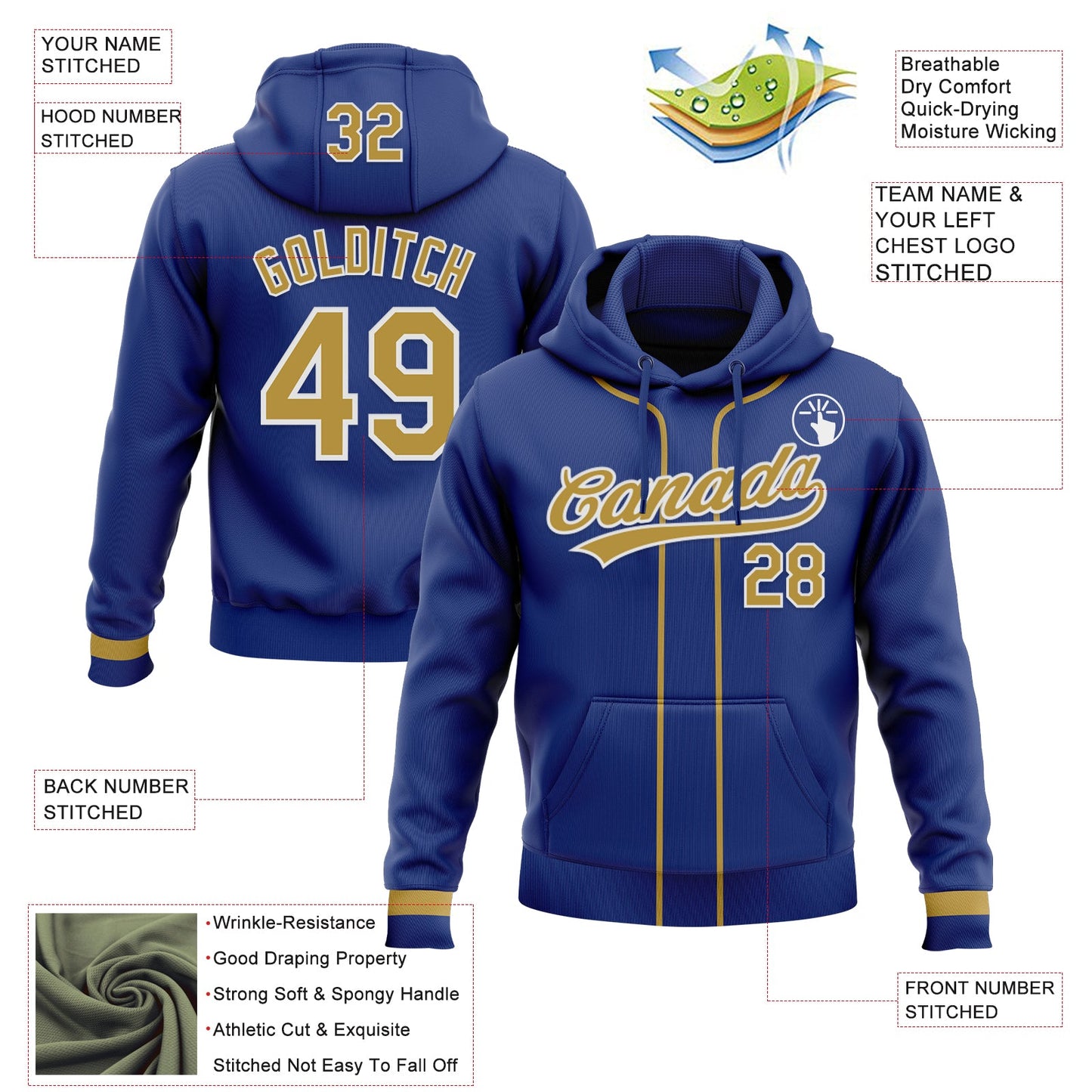 Custom Stitched Royal Old Gold-White Baseball Pullover Sweatshirt Hoodie view 2