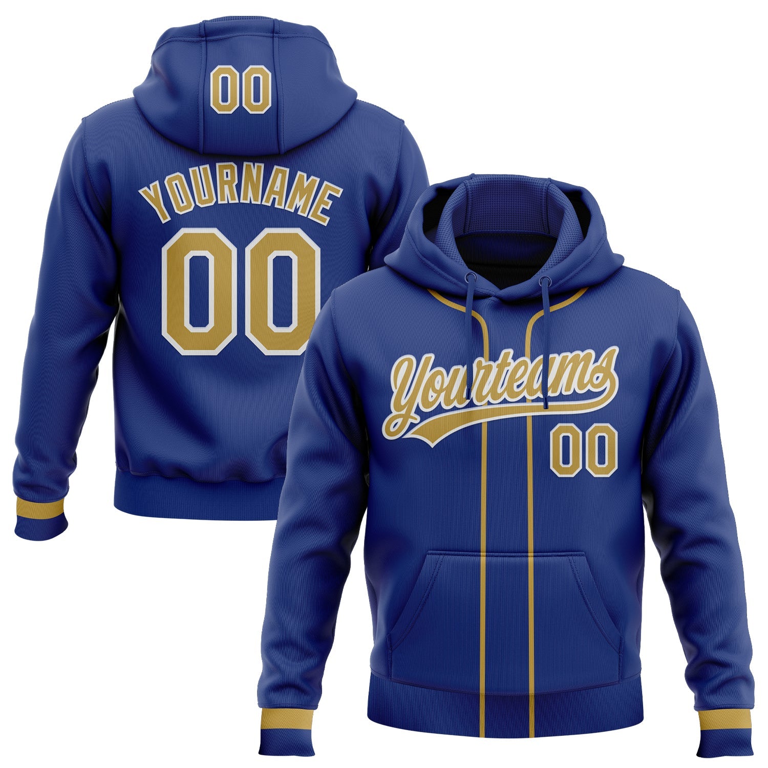 Custom Stitched Royal Old Gold-White Baseball Pullover Sweatshirt Hoodie - Main View