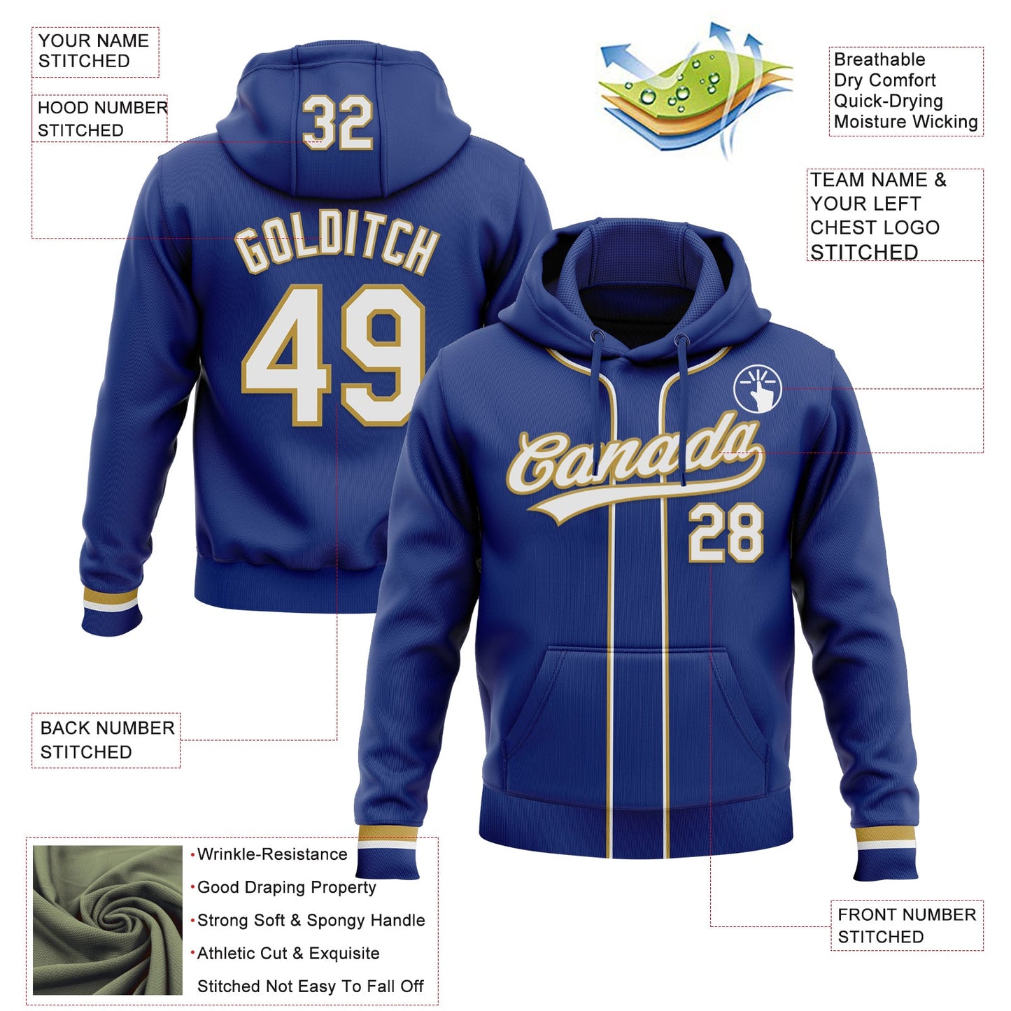 Custom Stitched Royal White-Old Gold Baseball Pullover Sweatshirt Hoodie view 2